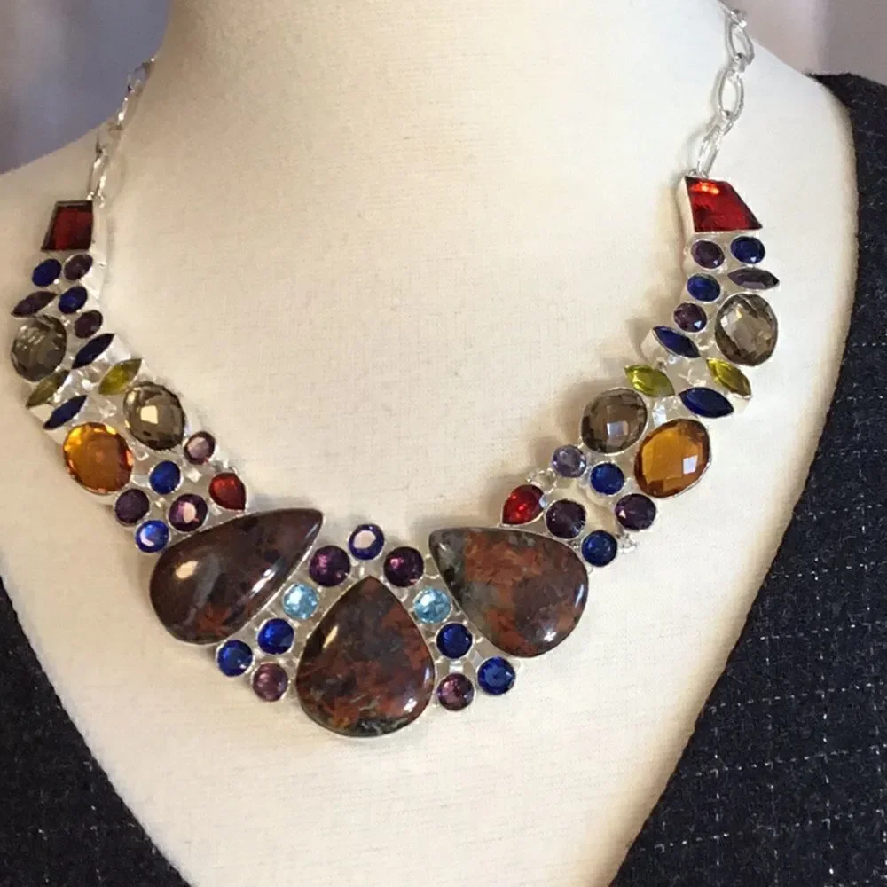 NATURAL MOSS AGATE & GEMSTONE NECKLACE IN SILVER